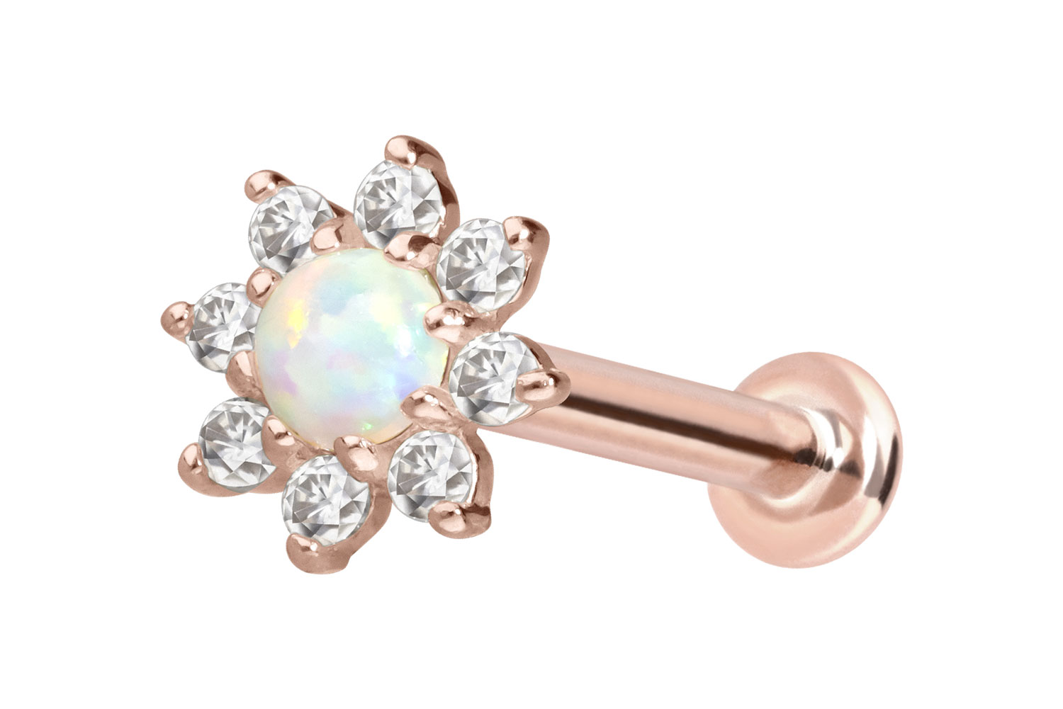 14 Karat Gold Labret Piercing mit Innengewinde MOISSANIT-BLUME + SYNTHETISCHER OPAL